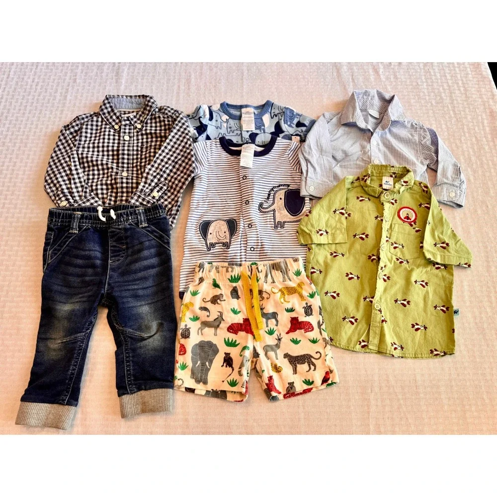 Baby Boy Clothes Bundle Carter's Boden Cat & Jack 3-12M Safari Gingham Denim 7pc